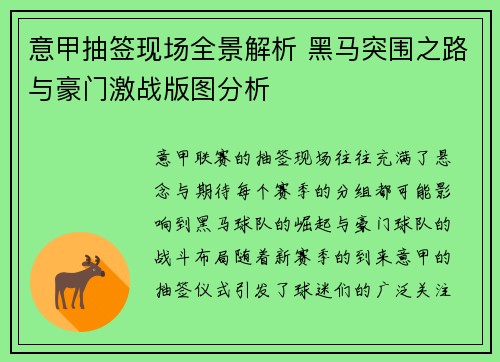意甲抽签现场全景解析 黑马突围之路与豪门激战版图分析
