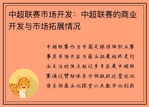 中超联赛市场开发：中超联赛的商业开发与市场拓展情况
