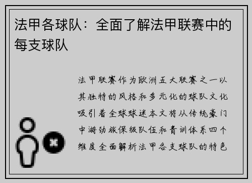 法甲各球队：全面了解法甲联赛中的每支球队